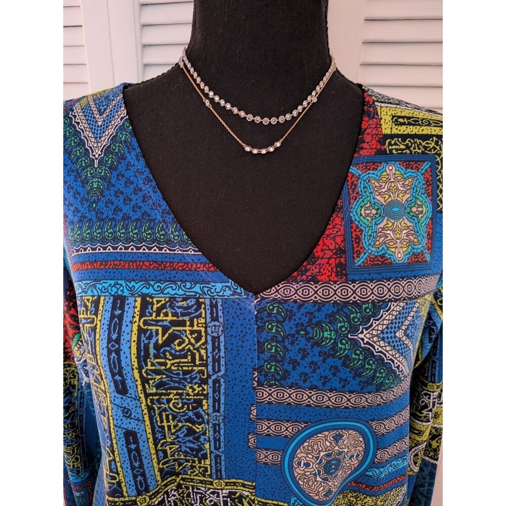 Attitudes by Renee Top Women MP Aztec Blue Orange Abstract Art LiquidKnit Blouse - Picture 2 of 10
